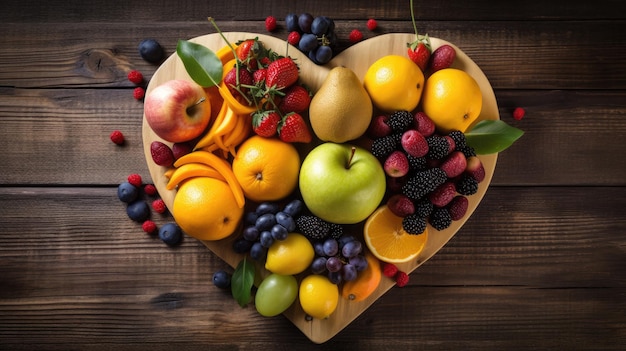 Vruchten op houten achtergrond in vorm van hart
