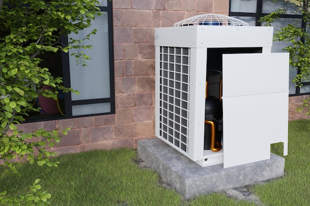 vrv air conditioning in the backyard near the red stone house 3d