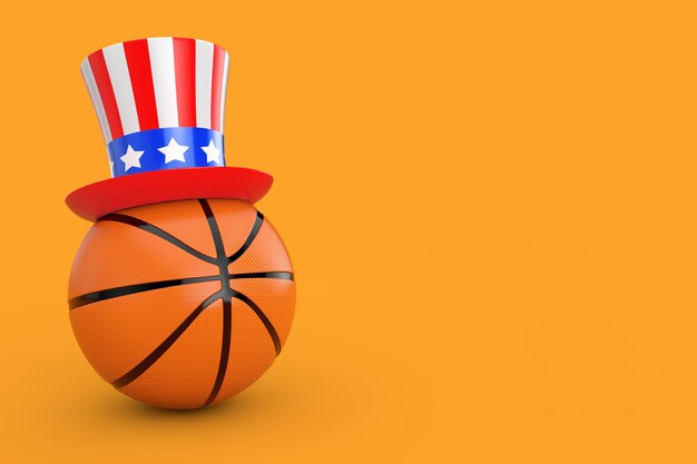 Foto vs basketbalconcept. basketbal bal met usa hoed op een gele achtergrond 3d-rendering