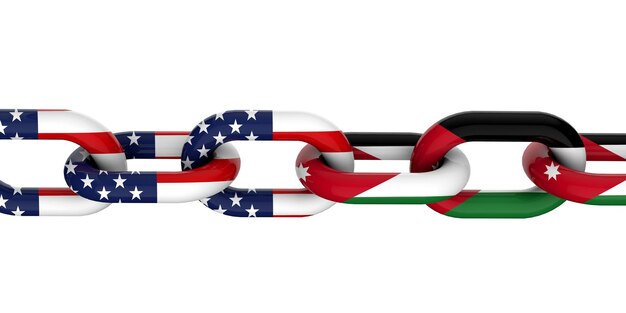 Foto vs en jordanië relatie concept nationale vlaggen op gekoppelde ketting 3d-rendering