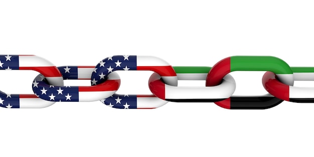 VS en Verenigde Arabische Emiraten relatie concept nationale vlaggen op gekoppelde ketting 3D-Rendering
