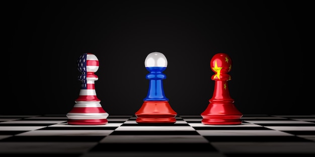 VS Rusland en China vlag print scherm om schaken te verpanden op schaakbord met donkere achtergrond voor grote drie landen militaire oorlog politiek conflict door 3d render