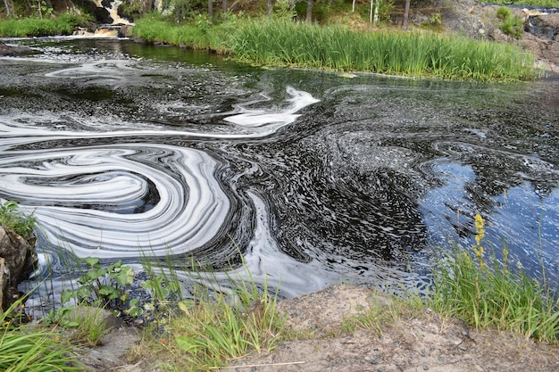 Foto vuil verontreinigd water in het meer giftige olieachtige vlek op het wateroppervlak