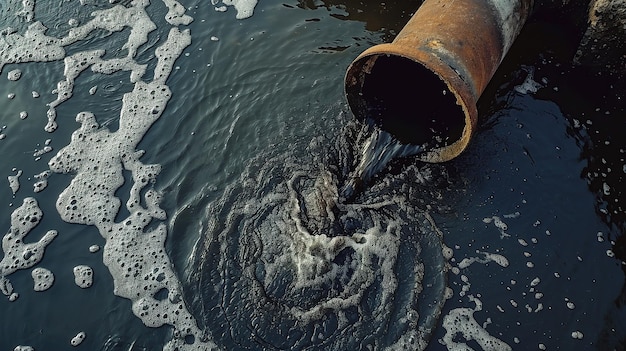 Vuil water stroomt uit de pijp in de rivier Milieubesmetting