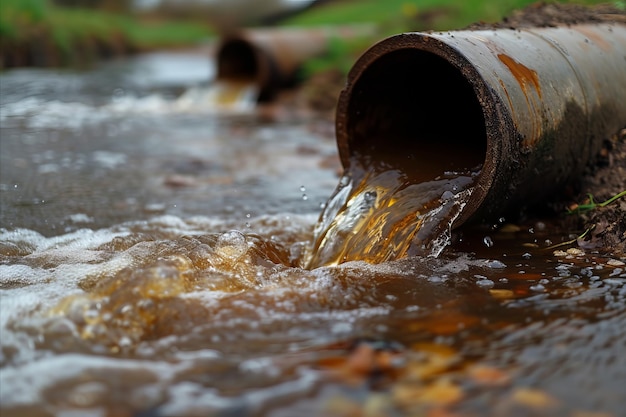 Vuil water uit een rioolpijp wordt in een schone rivier gepompt