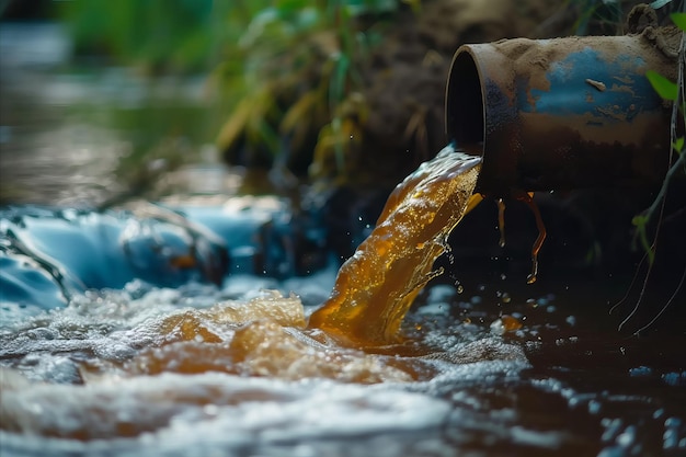 Vuil water uit een rioolpijp wordt in een schone rivier gepompt