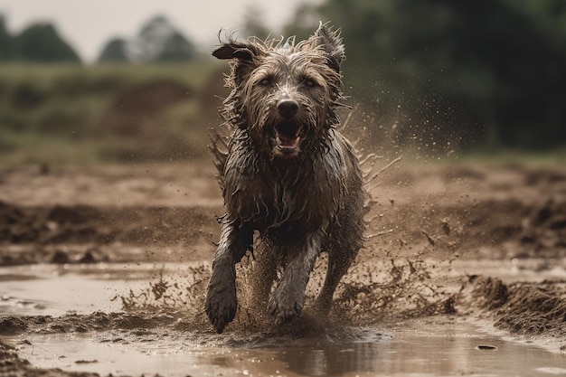 Vuile hond die in de modder rent en speelt