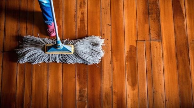 Vuile houten vloer afvegen door natte wisser dweil huishoudelijk werk Man het huis schoonmaken Bovenaanzicht Generatieve Ai