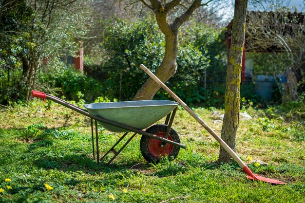 Vuile kruiwagen in een weiland