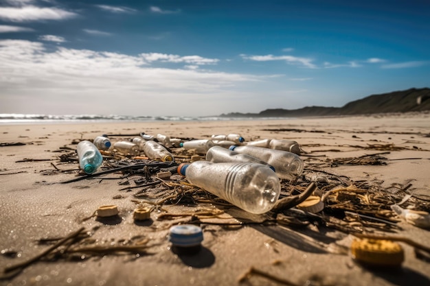 Vuile plastic flessen en blikjes op het strand Generatieve AI