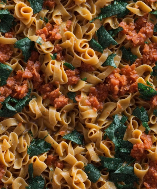 Vuile slijmerige pasta noedels met glas scheuren bovenop levendige kleur
