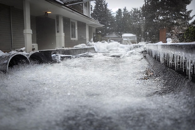 Vuile sneeuw en ijs met kleine ijspegels op huis op straat