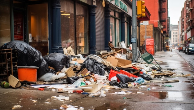 Vuilnis en stapels rommel in de oude beschadigde buurt van de stadsstraat moeten worden schoongemaakt