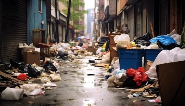 Vuilnis en stapels rommel in de oude beschadigde buurt van de stadsstraat moeten worden schoongemaakt