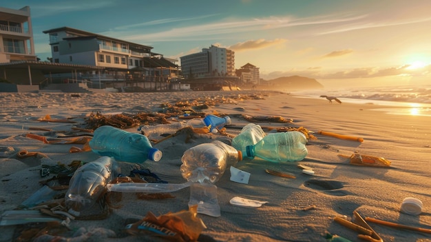 Vuilnis op het strand en plastic flessen zijn moeilijk te ontbinden voorkomen schade aan het aquatisch leven Ea
