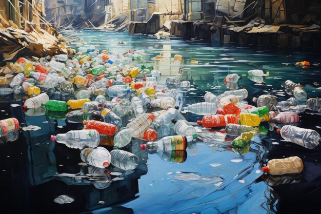 Vuilnis weggegooid in rivier veel plastic flessen Generatieve AI