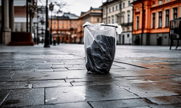 Vuilnisbak met een plastic zak op straat Vuilnisbak op de stoep van een mooie stad Lage kijkhoek Generatieve AI