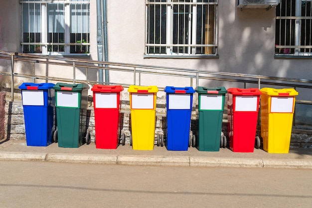 Vuilnisbakken veelkleurig rood geel groen blauw op schoolplein voor afvalbeheer Milieu