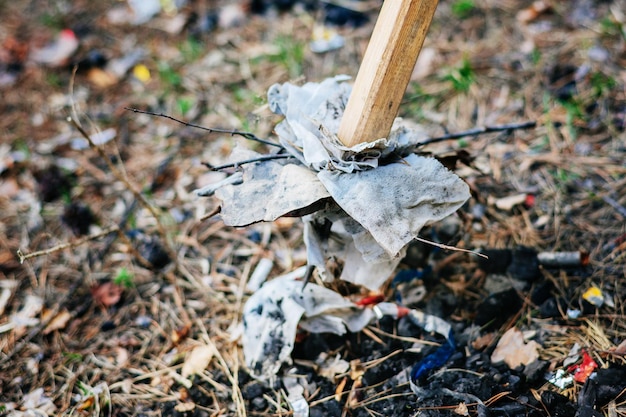 Vuilnisinzameling in bos Houten stok met spijker Hulpmiddel voor het schoonmaken van vervuiling