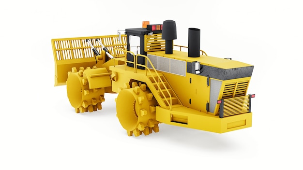 Vuilnispersmachine voor stortplaatsen. Een speciaal type industriële bulldozer voor het werken op stortplaatsen. 3D-rendering.