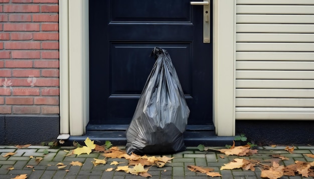 Vuilniszak bij een voordeur in een buurt