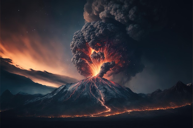 Vulcan uitbarsting vernietiging van berg lava krater in de rots Generatieve AI