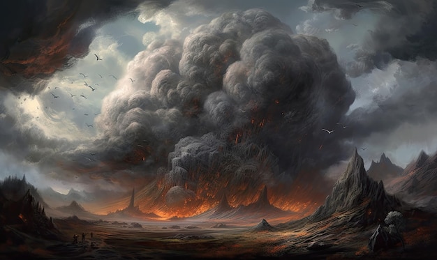 Vulcano explosion fire smoke landscape city mystic poster alien steampunk wallpaper fantastic