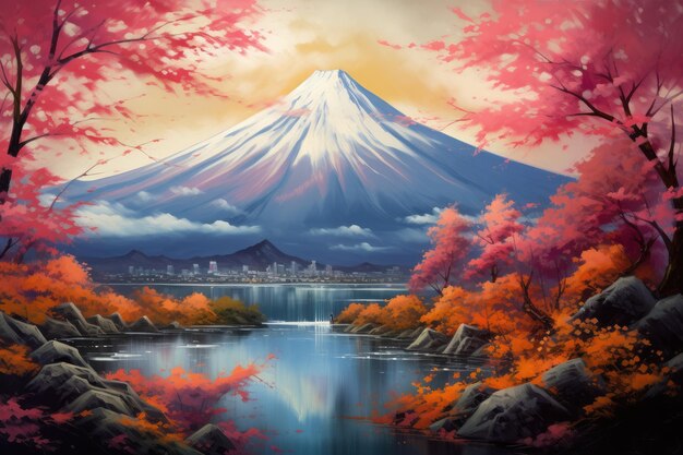 Vulcano Japan nature mountain with autumn leaves and mountain lake in spring Generative Ai