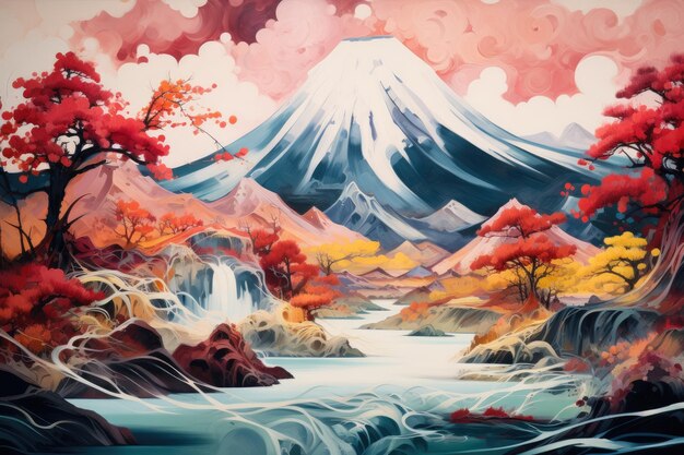 Vulcano Japan nature mountain with autumn leaves and mountain lake in spring Generative Ai