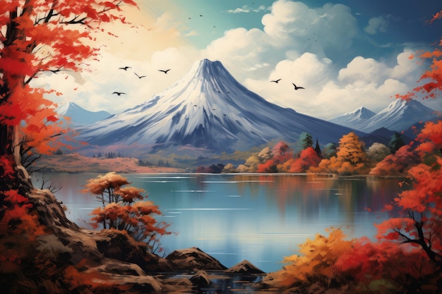 ヴォルカーノ日本の秋の紅葉と春の山の湖のある自然の山生成愛