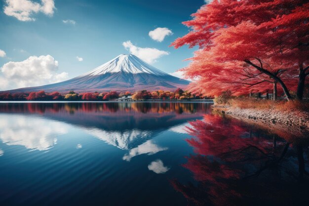 Vulcano Japan nature mountain with autumn leaves and mountain lake in spring Generative Ai