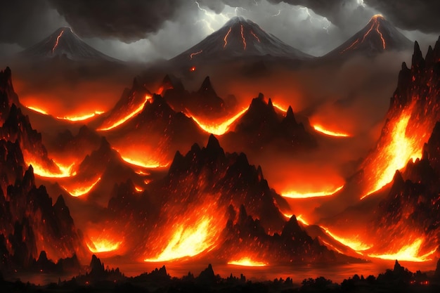 Photo vulcano scene fire smoke lighting