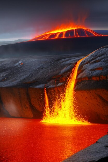 Foto vulkaan lava gouden magma stroom natuur landschap wallpaper achtergrond illustratie element