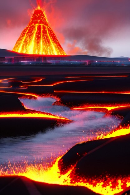 Vulkaan lava gouden magma stroom natuur landschap wallpaper achtergrond illustratie element