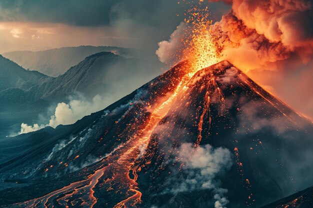 Foto vulkaan met lava en lava die uit zijn bovenste generatieve ai stroomt