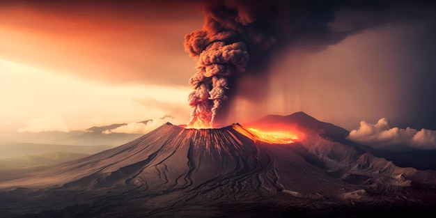 Vulkaan met opstijgende rook en lava die uit een vulkanische krater stroomt