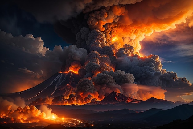 Vulkaan uitbarst in de lucht met rook en vuur olieverf stijl