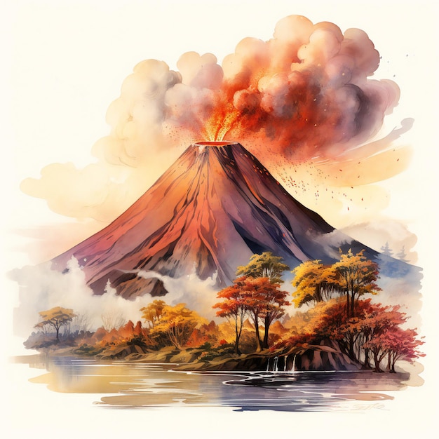Foto vulkaan uitbarsting aquarel digitale illustratie op witte achtergrond vulkaanlandschap