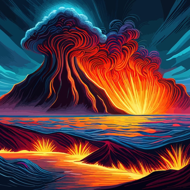 Vulkaankrater uitbarsting met roodglowende magma actieve vulkanische explosie met lava spetterende rotsen flitsen bliksem rook en stof Vector digitale illustratie