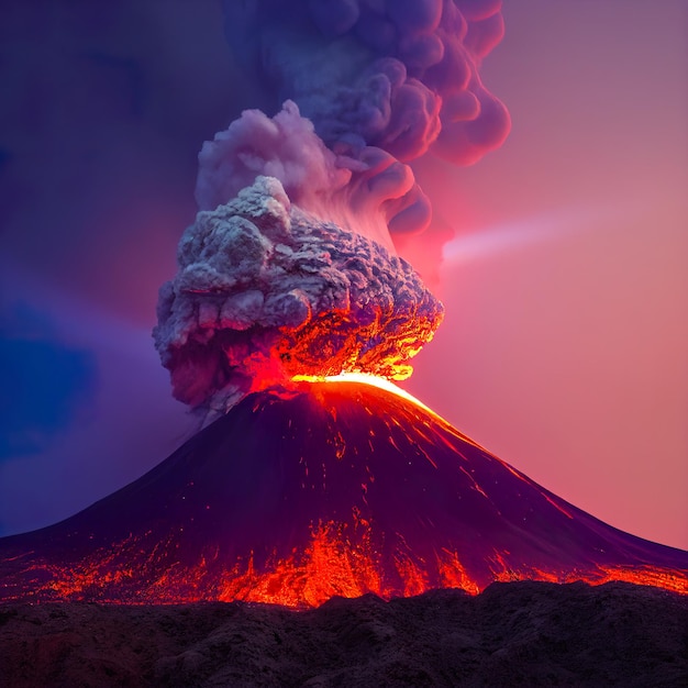 Vulkaanuitbarsting en lava Actieve vulkaan digitale kunst