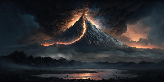 Vulkaanuitbarsting lava en as uitwerpen in de lucht panorama magma stroomt