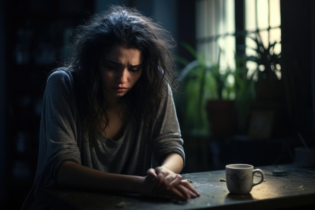 Vulnerable depression lonely woman at home Mental health concept