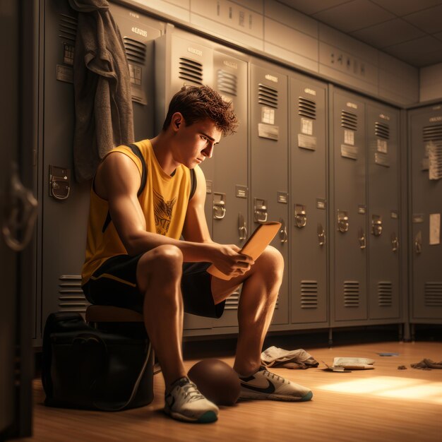 Photo the vulnerable youth a striking photorealistic portrait of a barefooted man in an authentic locker