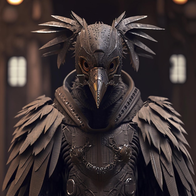 vulture bird in cyberpunk futuristic robotic metal ancient rustic armour outfits