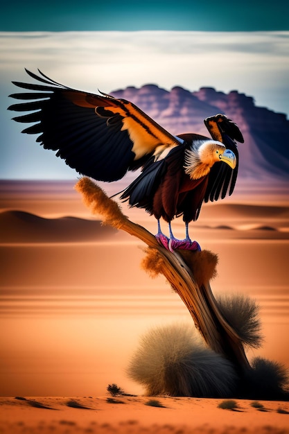 Vulture on branch desert landscape