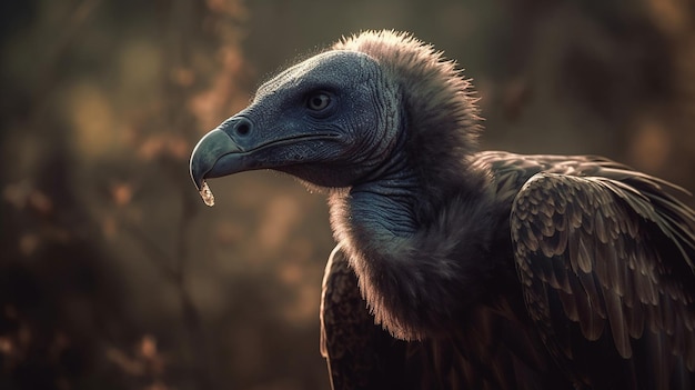 A vulture with a drop of water on its beak