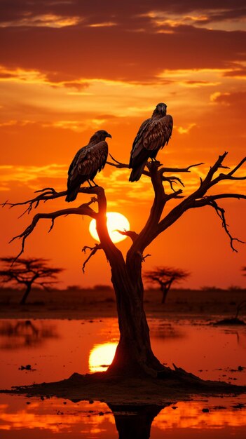 Vultures silhouetted on a tree during sunset a captivating scene vertical mobile wallpaper