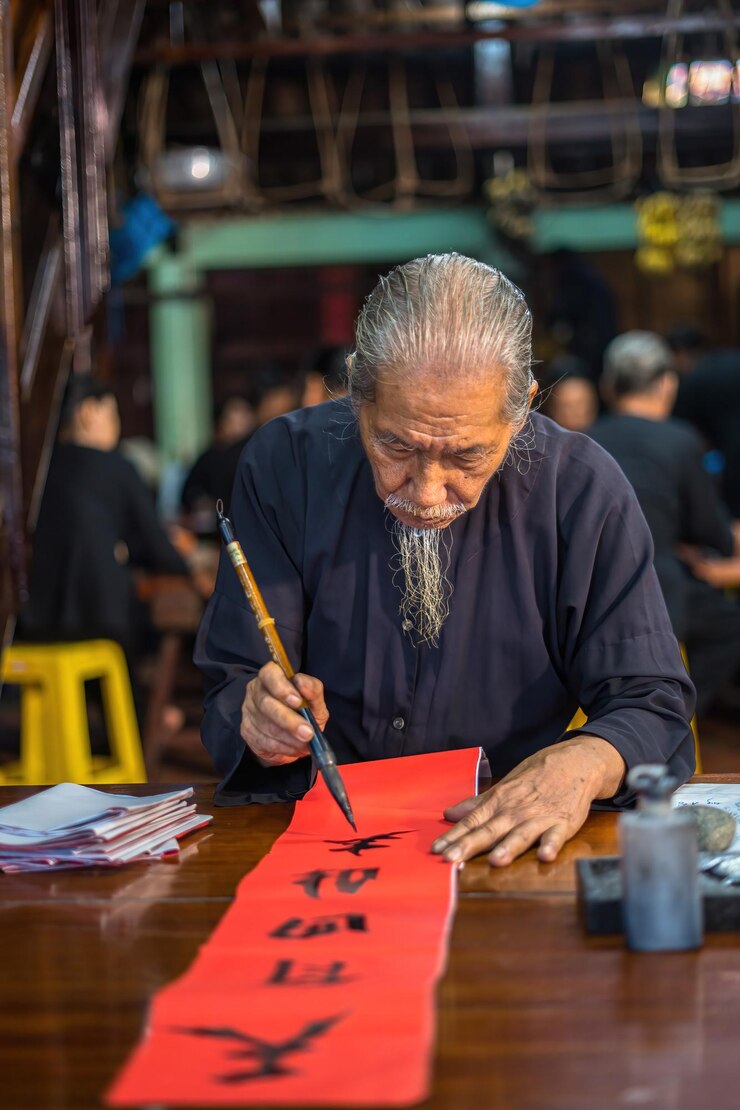 Photo vung tau vietnam jan 12 2023 vietnamese scholar writes calligraphy at long son calligraphy festival is a popular tradition during tet holiday writing couplets for spring festival new year