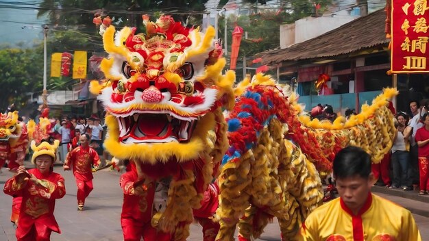 Vung tau vietnam sep 11 2024 lion and dragon dance during nghinh ong celebration group of people per