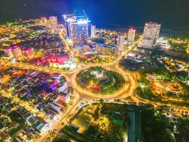 Vung Tau view from above with traffic roundabout house Vietnam war memorial in Vietnam Long exposure photography at night